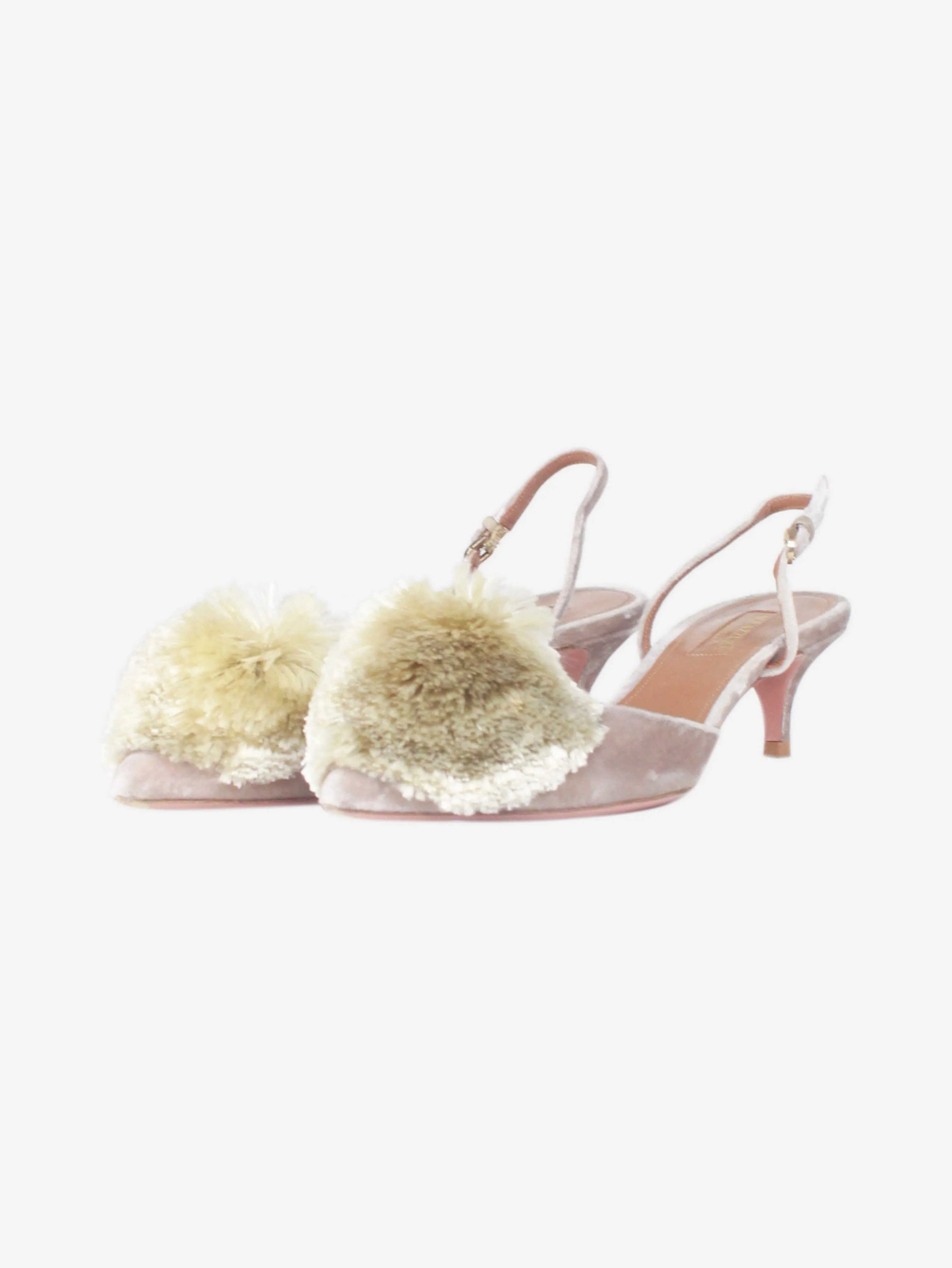 Beige pompom slingback mules - size EU 37